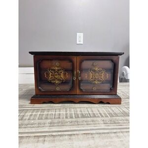 Vintage Wooden Jewelry Box with Glass Doors & Music Box Japan Velvet Green